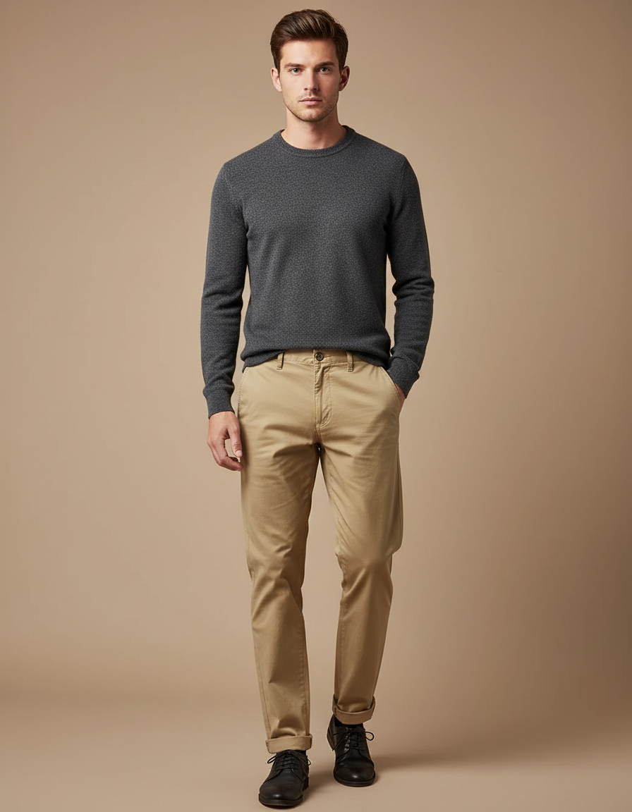 Pantalon Chino Homme Beige Coupe Droite Décontracté - Gabardine