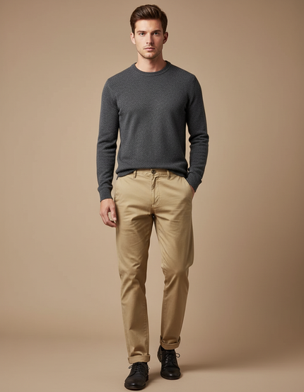 Pantalon Chino Homme Beige Coupe Droite Décontracté - Gabardine