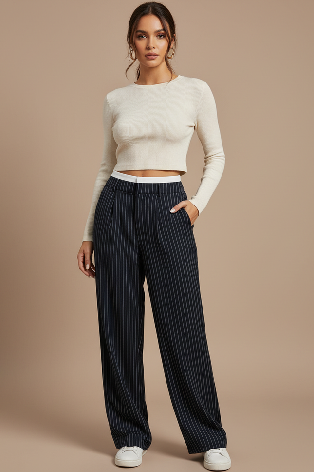 Pantalon Chino Noir Rayé Fluide Taille Haute Élégant - Polyester