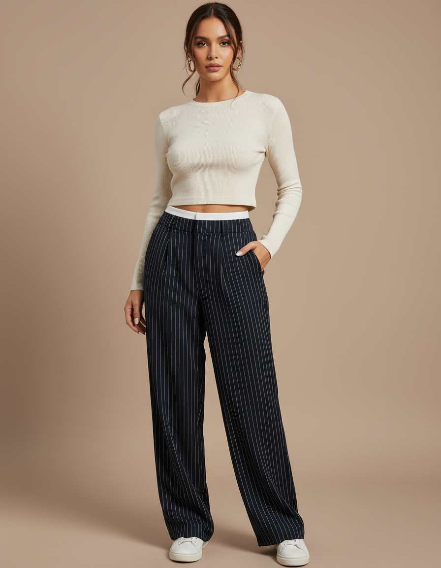 Pantalon Chino Noir Rayé Fluide Taille Haute Élégant - Polyester