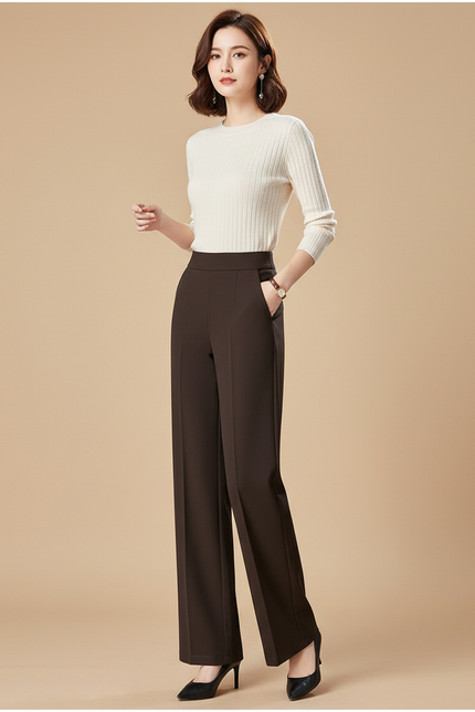 Pantalon Chino Marron Élastique Taille Haute Droit Femme - Polyester