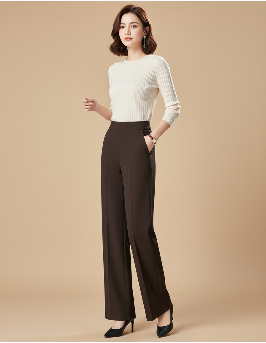 Pantalon Chino Marron Élastique Taille Haute Droit Femme - Polyester
