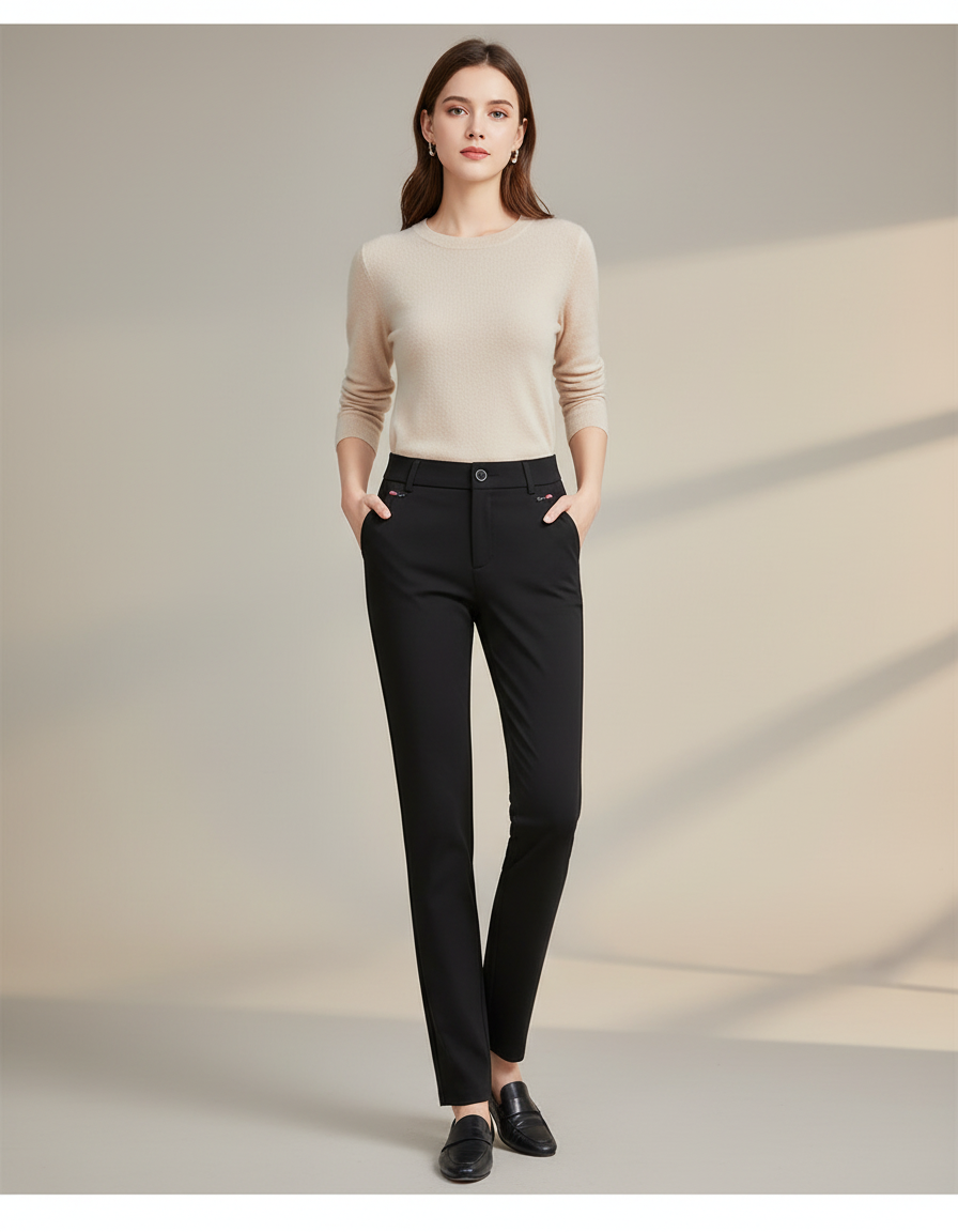 Pantalon Chino Noir Droit Extensible Formel Femme - Polyester
