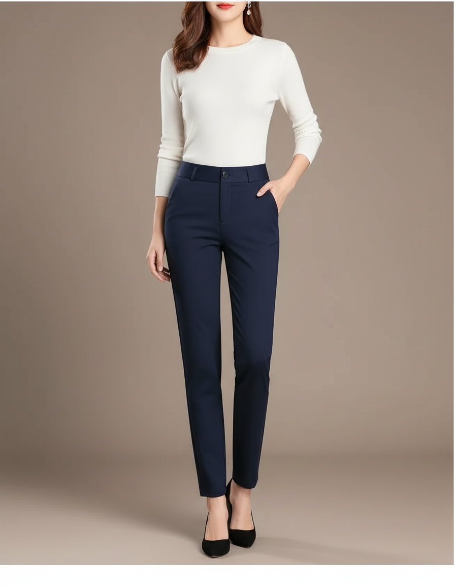 Pantalon Chino Femme Bleu Marine Taille Haute Élégant - Polyester