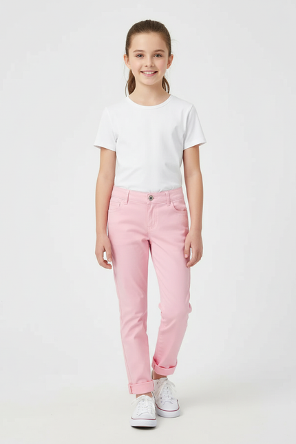 Pantalon Chino Rose Coton Slim Fille Décontracté