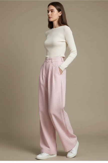 Pantalon Chino Rose Ample Fluide Décontracté Femme - Coton