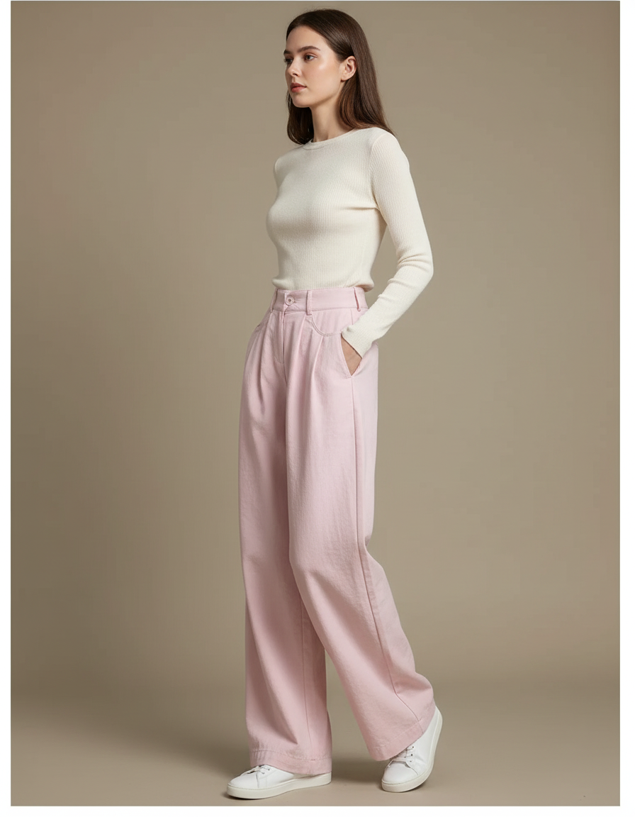 Pantalon Chino Rose Ample Fluide Décontracté Femme - Coton