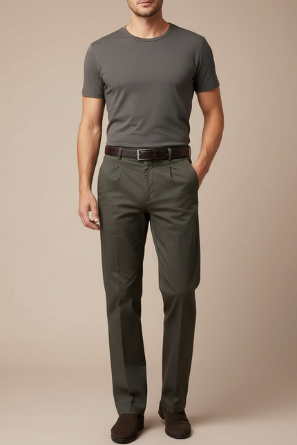 Pantalon Chino Vert Olive Plissé Coton Décontracté Homme - Kaki