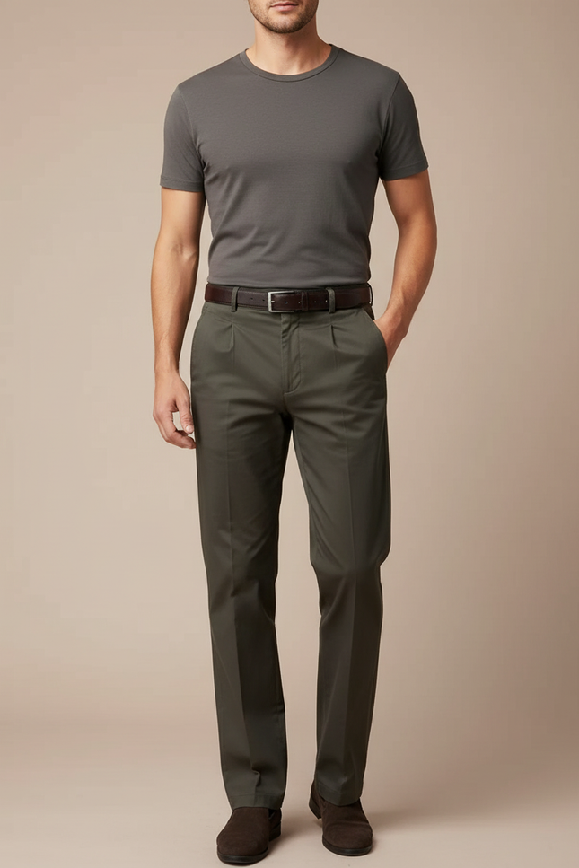 Pantalon Chino Vert Olive Plissé Coton Décontracté Homme - Kaki