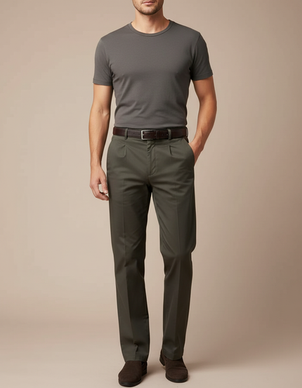 Pantalon Chino Vert Olive Plissé Coton Décontracté Homme - Kaki