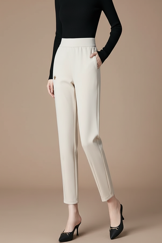 Pantalon Chino Beige Élastique Brodé Coupe Droite Femme - Polyester