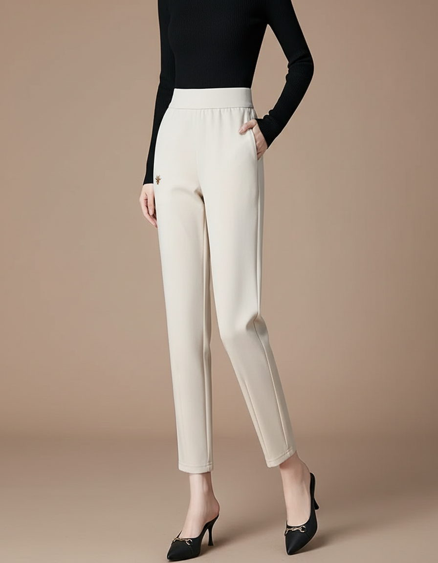 Pantalon Chino Beige Élastique Brodé Coupe Droite Femme - Polyester