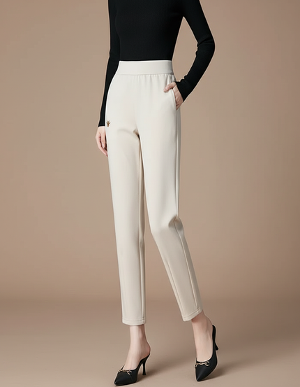 Pantalon Chino Beige Élastique Brodé Coupe Droite Femme - Polyester