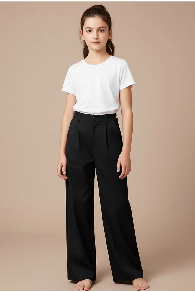 Pantalon Chino Noir Ample Fluide Élégant Fille - Polyester