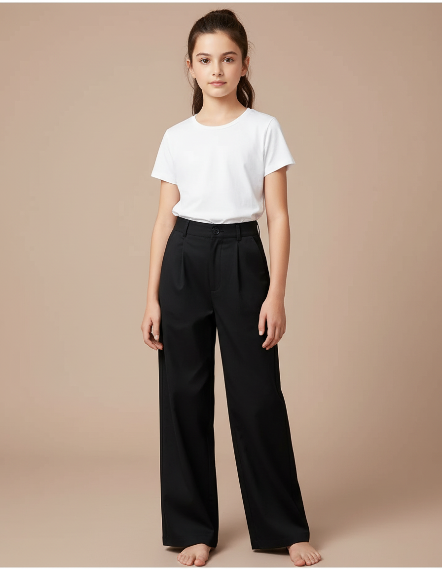 Pantalon Chino Noir Ample Fluide Élégant Fille - Polyester
