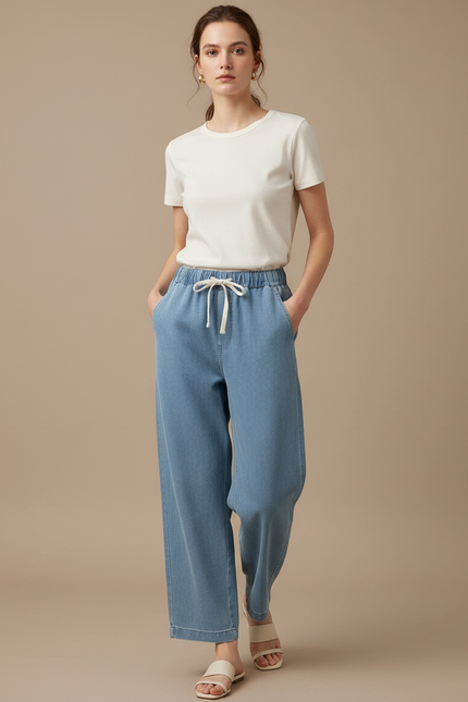 Pantalon Chino Bleu Clair Ample Taille Haute Léger - Coton