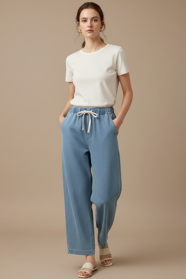 Pantalon Chino Bleu Clair Ample Taille Haute Léger - Coton