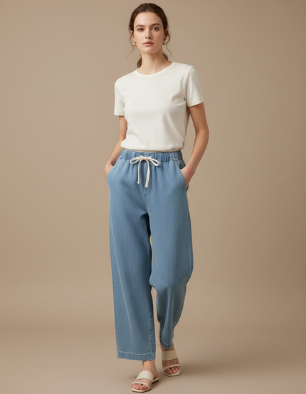 Pantalon Chino Bleu Clair Ample Taille Haute Léger - Coton