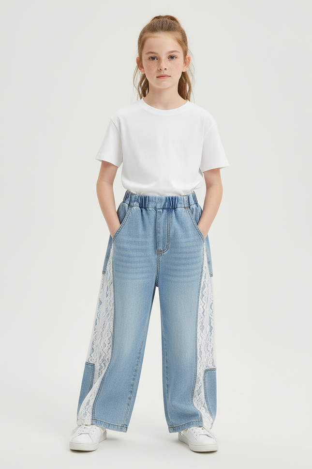 Pantalon Chino Bleu Denim Ample Dentelle Enfant - Jean