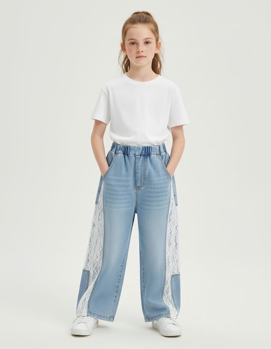 Pantalon Chino Bleu Denim Ample Dentelle Enfant - Jean