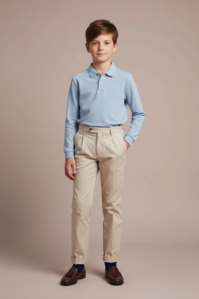Pantalon Chino Beige Plissé Droit Enfant Élégant - Gabardine