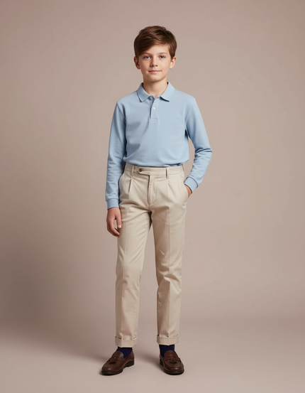 Pantalon Chino Beige Plissé Droit Enfant Élégant - Gabardine