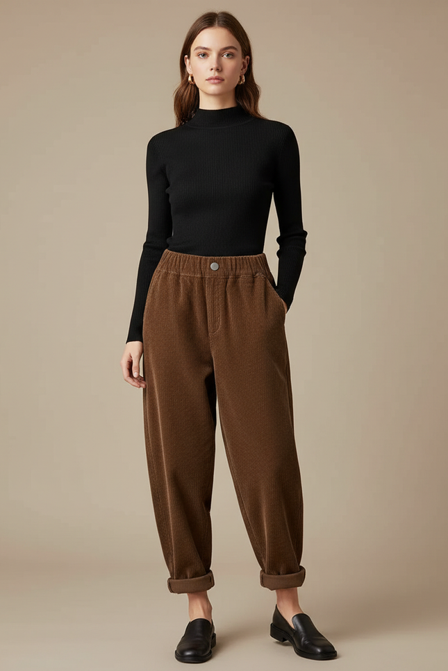 Pantalon Chino Marron Côtelé Ample Décontracté - Cordé
