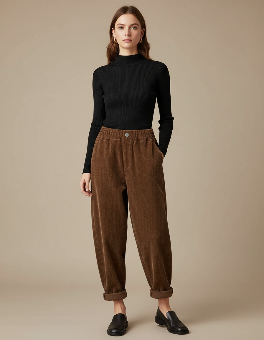 Pantalon Chino Marron Côtelé Ample Décontracté - Cordé