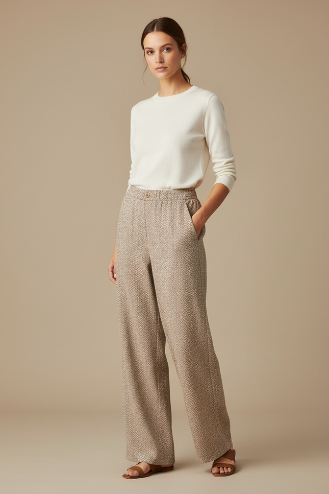 Pantalon Chino Beige Imprimé Ample Fluide Décontracté - Tweed