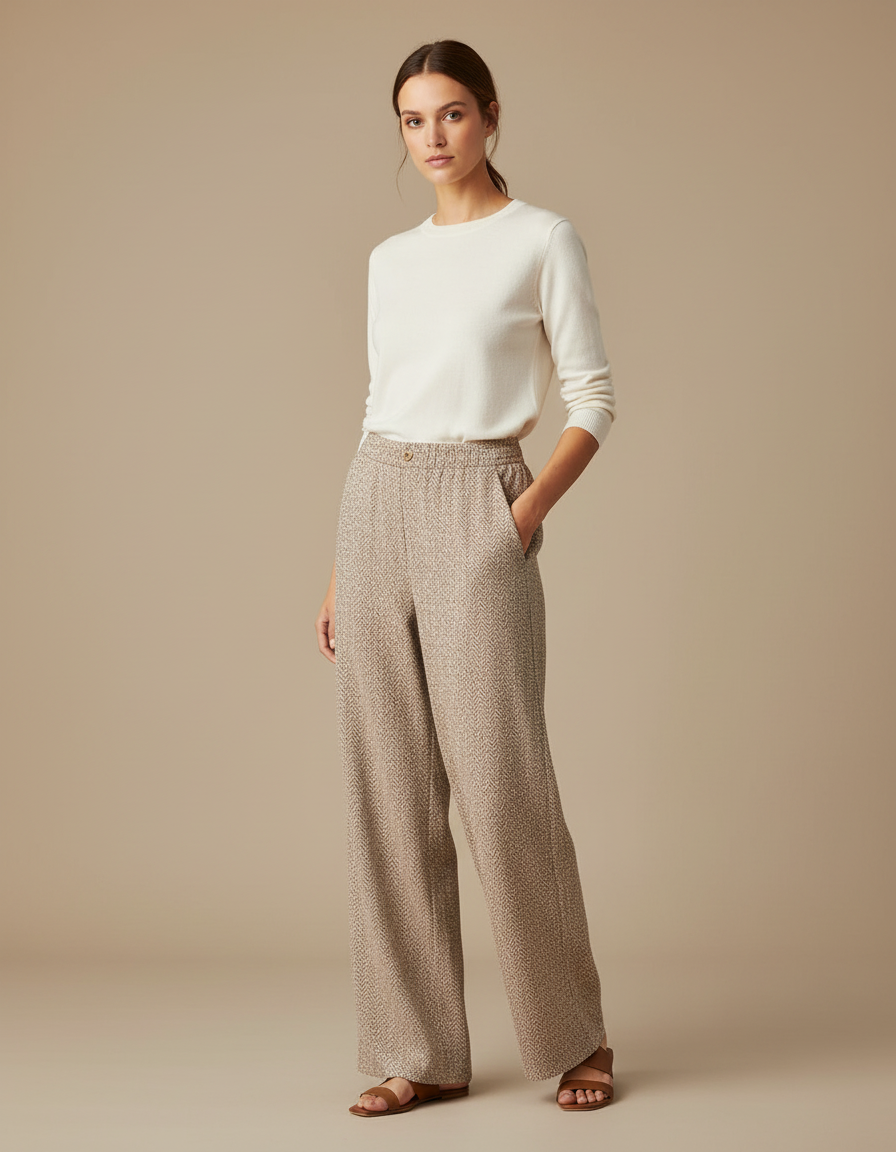 Pantalon Chino Beige Imprimé Ample Fluide Décontracté - Tweed