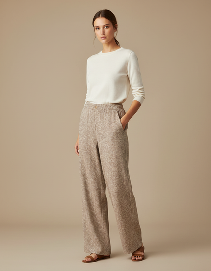 Pantalon Chino Beige Imprimé Ample Fluide Décontracté - Tweed