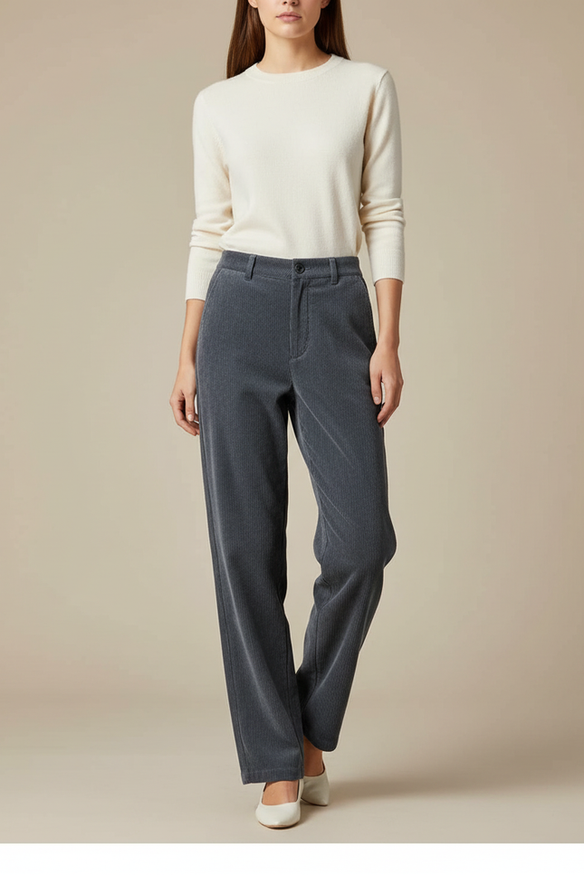 Pantalon Chino Gris Côtelé Droit Taille Haute Femme - Cordé