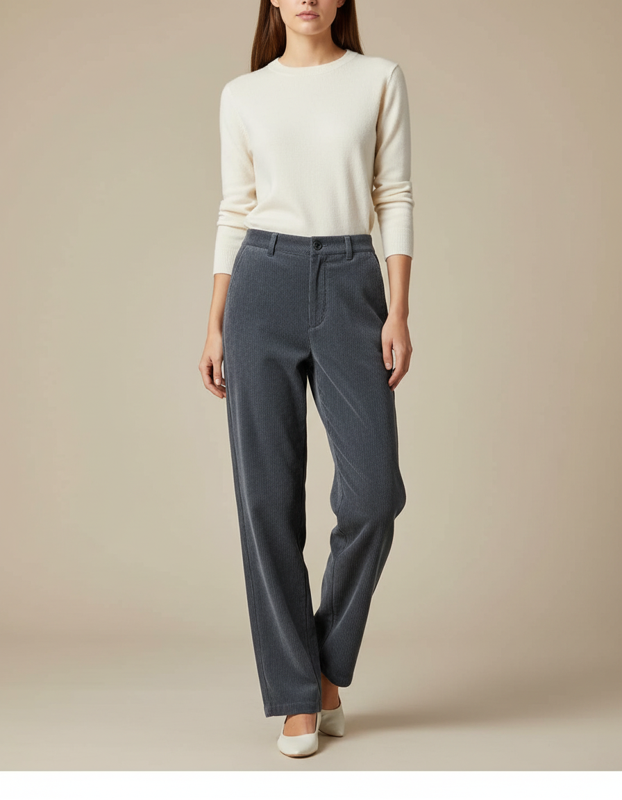 Pantalon Chino Gris Côtelé Droit Taille Haute Femme - Cordé