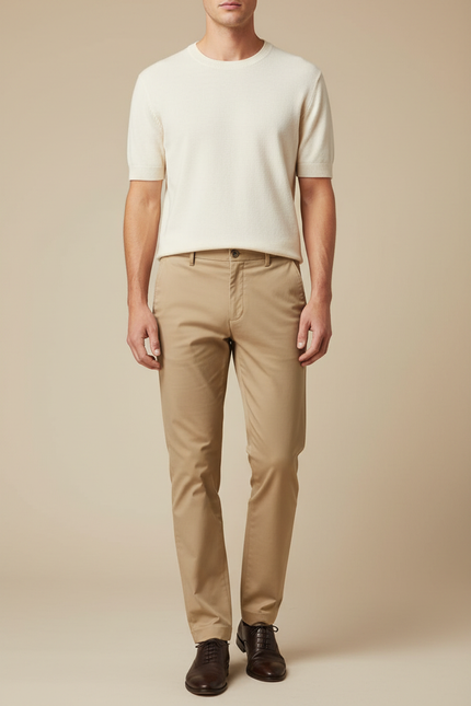 Pantalon Chino Beige Coton Droit Classique Homme