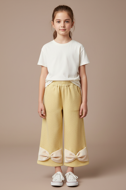 Pantalon Chino Jaune Ample Polaire Nœuds Fille - Molleton