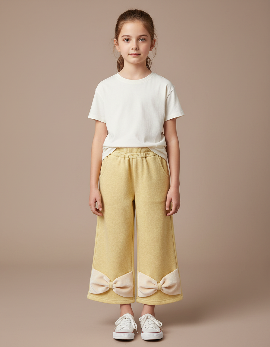 Pantalon Chino Jaune Ample Polaire Nœuds Fille - Molleton