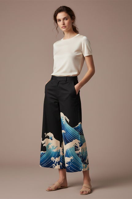Pantalon Chino Noir Ample Imprimé Vague Japonais Fluide - Gabardine
