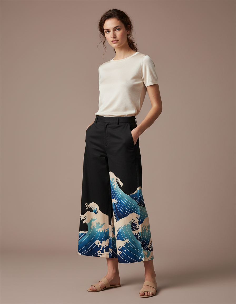 Pantalon Chino Noir Ample Imprimé Vague Japonais Fluide - Gabardine