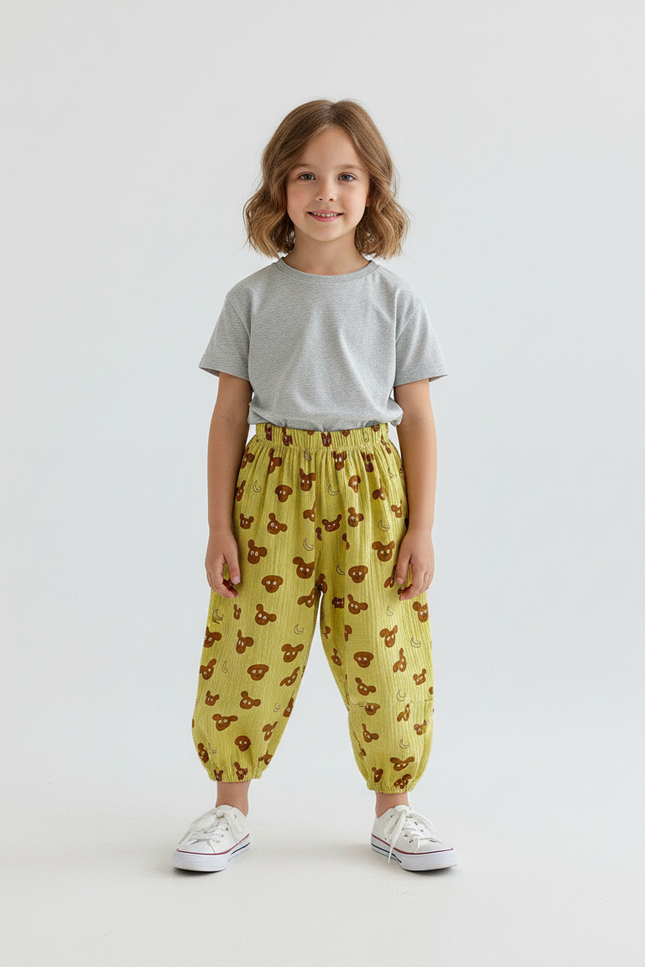 Pantalon Chino Jaune Ample Coton Motif Ours Enfant
