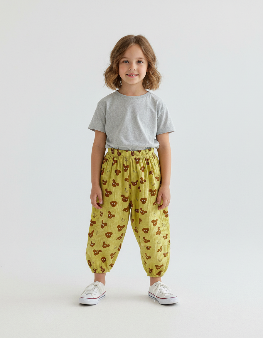 Pantalon Chino Jaune Ample Coton Motif Ours Enfant