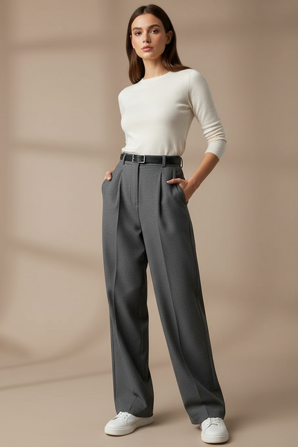 Pantalon Chino Femme Taille Haute Plissé Large Gris Élégant - Gabardine