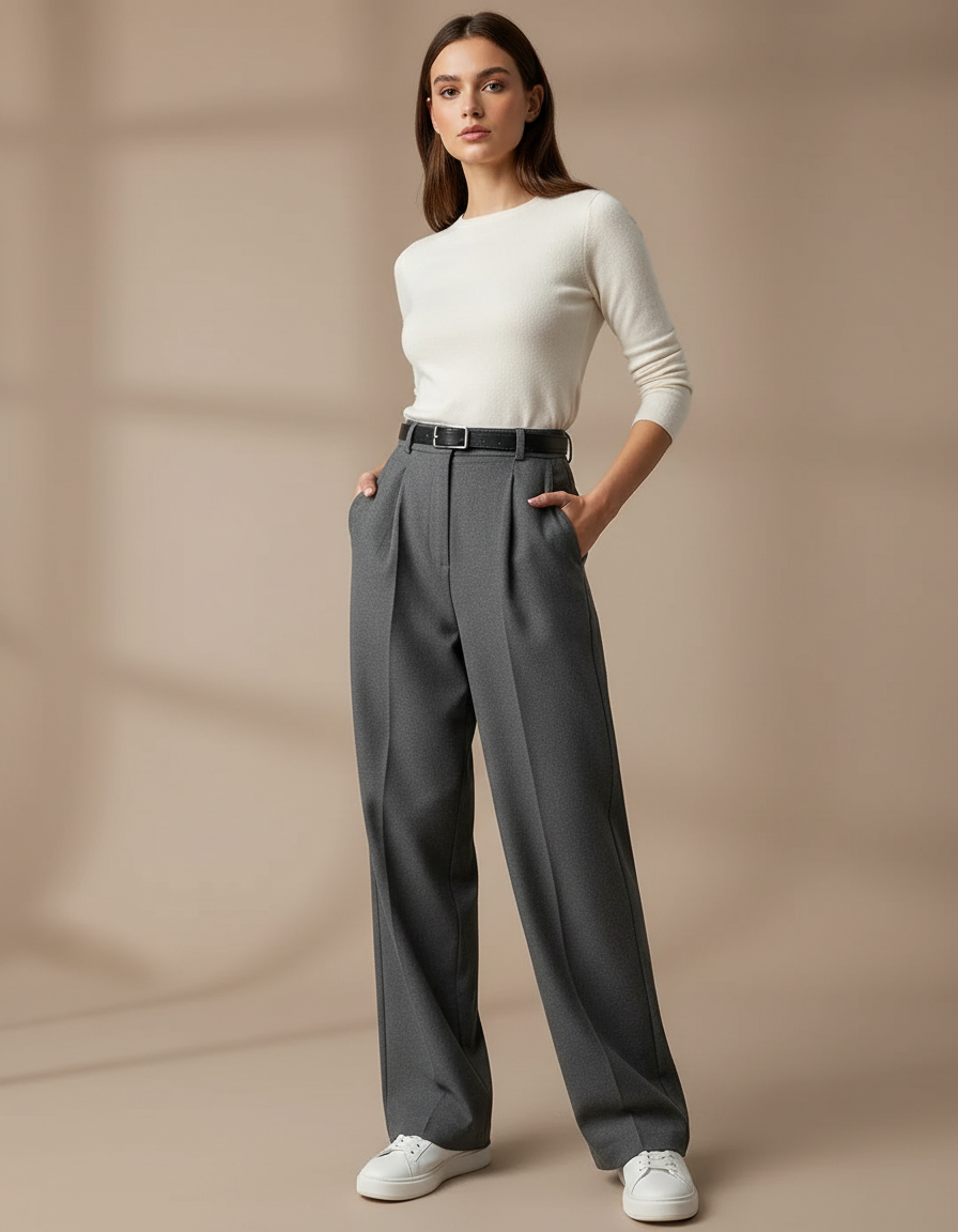 Pantalon Chino Femme Taille Haute Plissé Large Gris Élégant - Gabardine