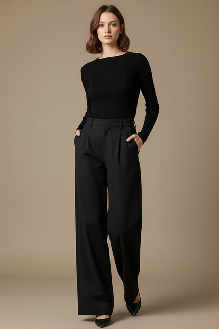 Pantalon Chino Noir Fluide Plissé Élégant Femme - Polyester
