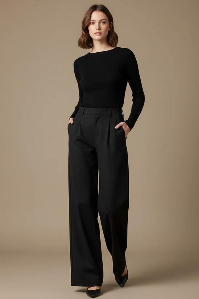 Pantalon Chino Noir Fluide Plissé Élégant Femme - Polyester