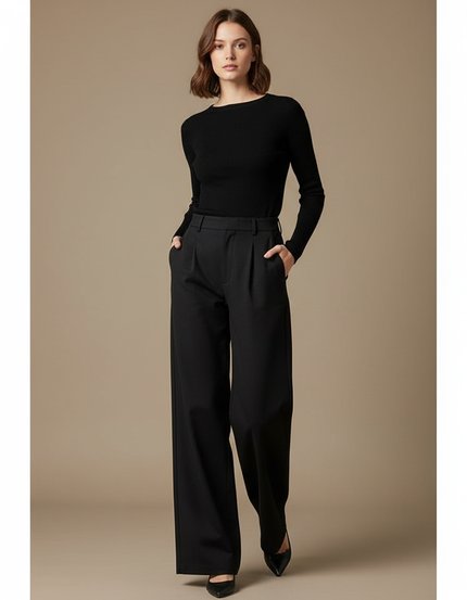Pantalon Chino Noir Fluide Plissé Élégant Femme - Polyester