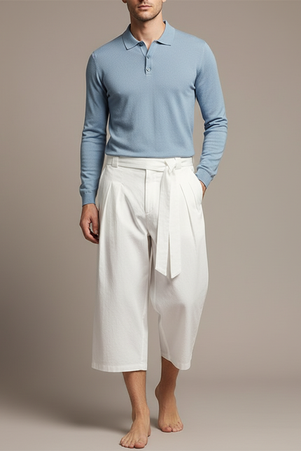 Pantalon Chino Blanc Ample Coton Ceinture Décontracté