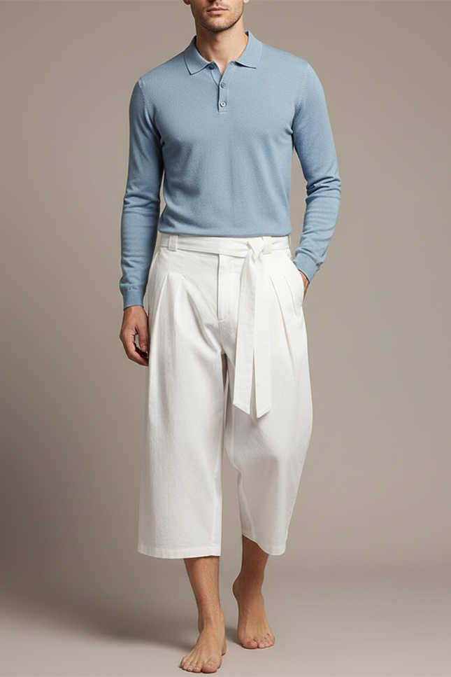 Pantalon Chino Blanc Ample Coton Ceinture Décontracté
