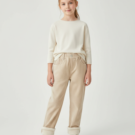 Pantalon Chino Écru Côtelé Doublé Chaud Enfant - Beige Velours