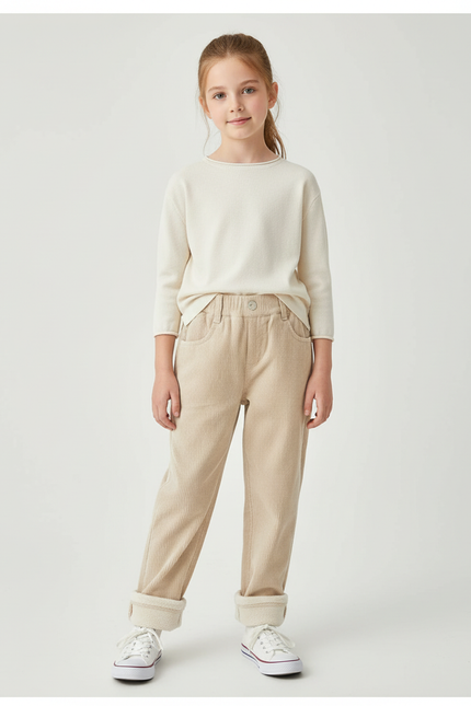 Pantalon Chino Écru Côtelé Doublé Chaud Enfant - Beige Velours
