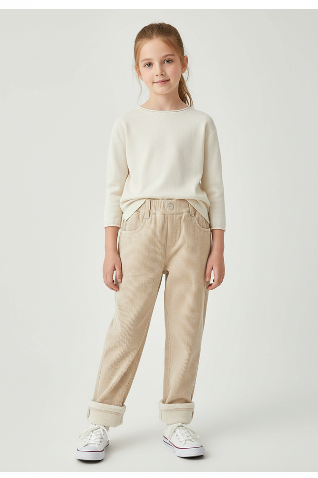 Pantalon Chino Écru Côtelé Doublé Chaud Enfant - Beige Velours